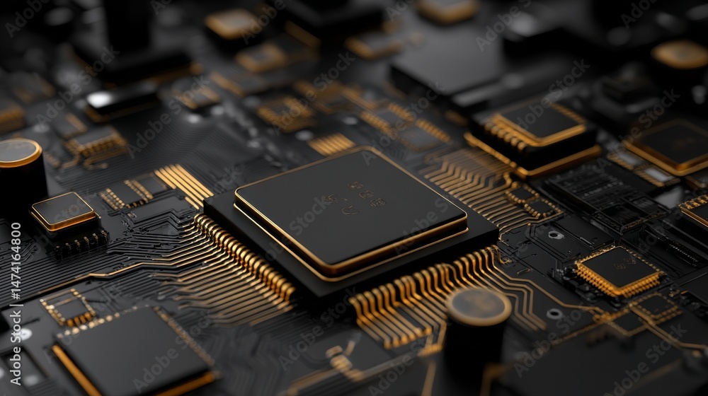 Poster a complex electronic circuit board featuring gold-plated components and intricate patterns is showca
