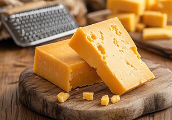 Freshly cut cheddar cheese on a rustic wooden platter surrounded by grater and cheese shavings in a cozy kitchen setting