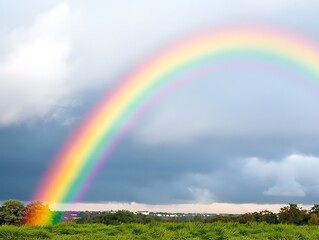 Naklejka premium Vibrant Rainbow Arcing Over Lush Green Field After Summer Rainstorm A Stunning Nature Scene