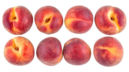 Four ripe peaches arranged in a square pattern, showing off their reddish-yellow hues, isolated on a white background