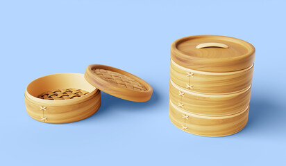 Bamboo steamer with open lid and stack of wooden baskets. Empty round steamed rack for cooking asian food. Traditional chinese, japanese, korean, vietnamese kitchen utensil render set. 3D illustration