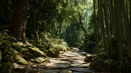 Fototapeta premium Sunlit stone pathway through a serene bamboo forest leading towards a bright clearing