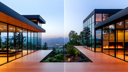 Two modern homes with expansive glass walls, connected by a wooden deck overlooking a scenic valley at sunset