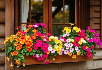 Vibrant petunias overflowing from wooden balcony window boxes, copy space, vertical garden