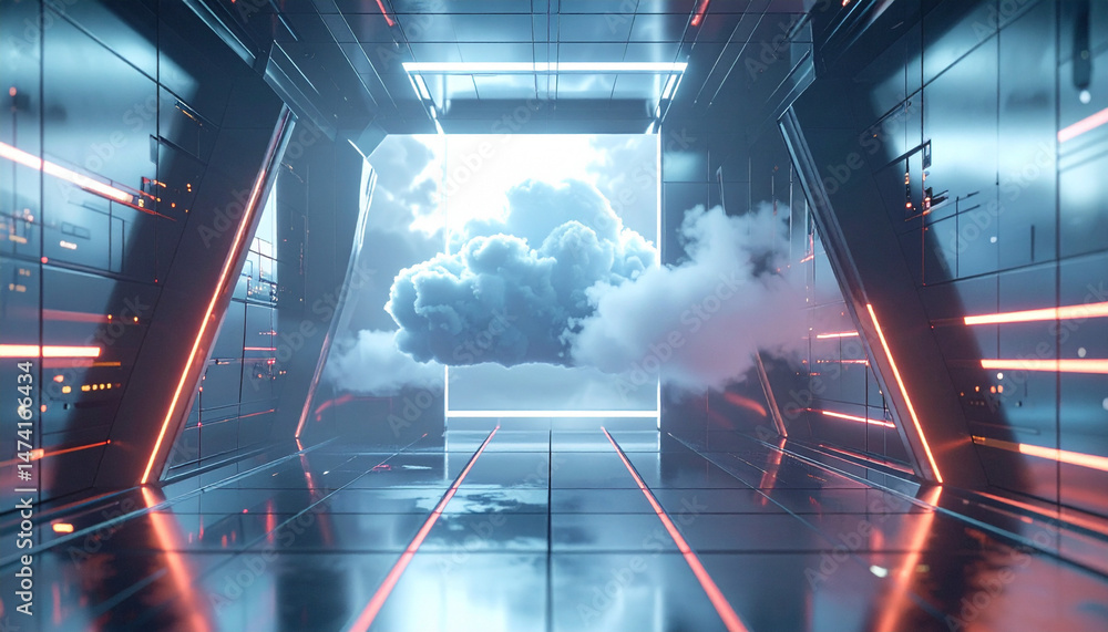 Poster futuristic cloud formation digital space 3d rendering sci-fi environment wide angle view technology
