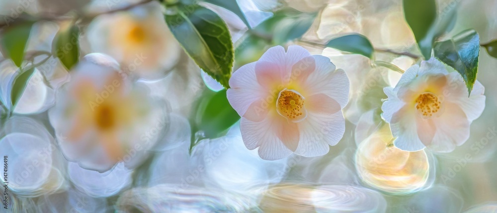 Poster pale pink camellia blooms in soft focus with bokeh background garden setting close up springtime
