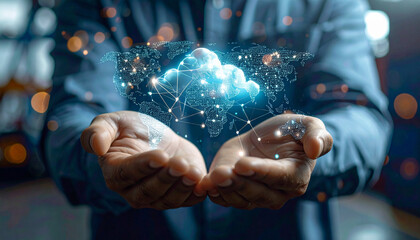 Cloud-based data visualization global network digital art modern office close-up innovation