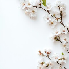 Obraz premium Delicate spring blossoms on a white background. Soft, white flowers and buds adorn delicate branches, creating a serene, minimalist composition