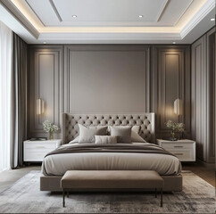  presents a lavish bedroom hotel interior,gray coverbed, a large bed with tufted headboard and an elegantly designed room, The flooring is a light marble-like material.
