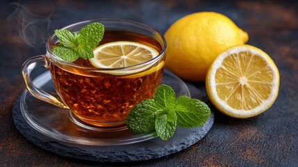 The image shows a close-up of a steaming cup of herbal tea, complete with a slice of lemon, perfect for conveying wellness and relaxation