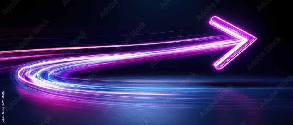 Poster neon arrow light streaks pointing right on dark surface abstract high angle view concept of directio