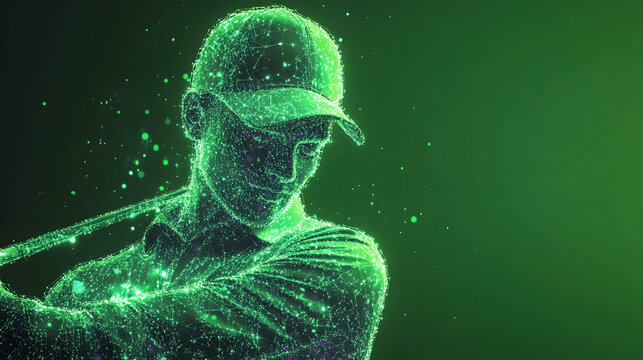 A golfer's form, depicted in a vibrant green, particle-based digital rendering