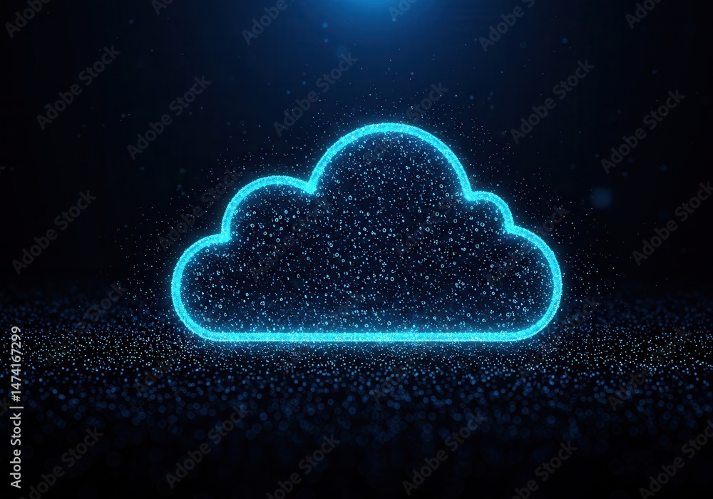 Poster glowing blue cloud outline with digital particles against a dark background representing data storag