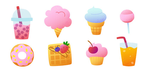 Textured sweet food and drinks set. Abstract dessert  vector collection. Colorful sweets icon bundle.