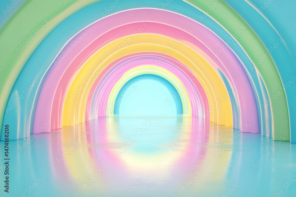 Poster pastel rainbow tunnel perspective view abstract design soft colors minimalist style interior archite