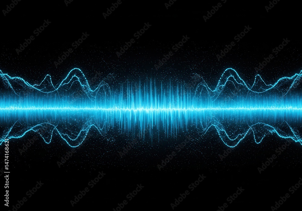Poster blue sound wave visualization with a symmetrical pattern against a dark background