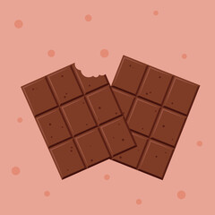 Vector illustration of two chocolate bars on a pink background, one with a bite. Sweet and minimal food concept for packaging, posters, or dessert-themed designs.