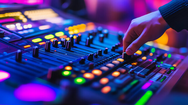 DJ Hand Adjusting Controls on Audio Mixer in Colorful Lighting