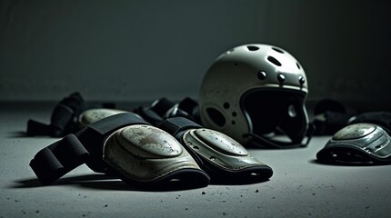 Fototapeta premium Protective gear and helmet scattered on the floor in a dimly lit indoor space during an evening session