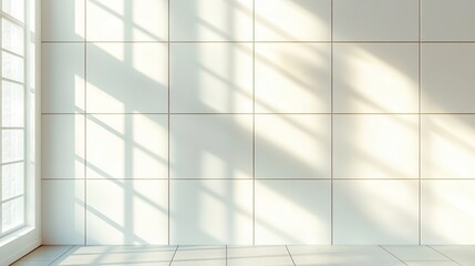 Sunlight streams through a window onto a white tiled wall