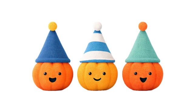 Whimsical display of three pumpkins adorned with fun hats set against a charming blue background for fall festivities