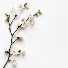 Delicate spring blossoms on a white background.  A branch adorned with small, white blossoms, buds, and slender branches.  Soft light highlights the delicate structure