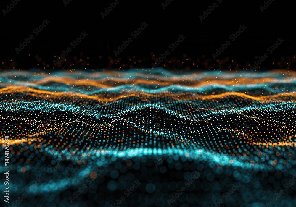 Aufkleber abstract wave pattern of blue and orange dots on a black background with a sense of movement