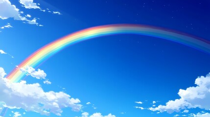 Vibrant Rainbow Arcing Across a Sunny Blue Sky with Fluffy White Clouds a Stunning Nature Scene