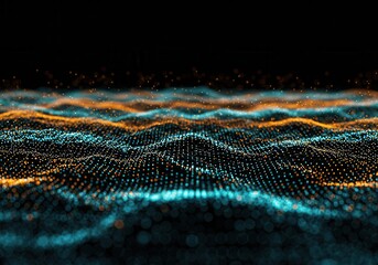 Abstract wave pattern of blue and orange dots on a black background with a sense of movement