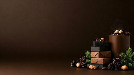 Dark chocolate dessert with coffee beans, gift boxes, and pine cones on a brown background