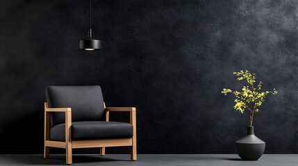 Dark room interior with a comfy armchair, pendant lamp, and vase of branches