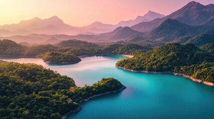 Fototapeta premium Serene mountain lake scenery at sunrise.