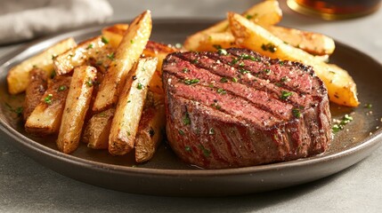 Juicy grilled beef tenderloin served with golden French fries on a rustic plate, seasoned and ready to eat
