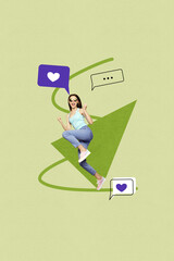 Vertical zine image artwork collage of happy girl stand heart icon social media blogging reaction like feedback influencer