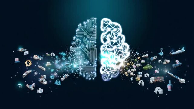 AI brain digital circuits splitting in trade disruption, AI brain digital circuits fracture showing supply chain chaos, AI brain digital circuits breaking apart revealing trade disruption crisis