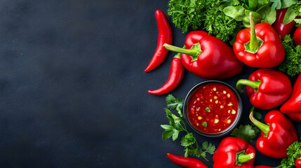 Red bell peppers, chili peppers, and a vibrant red sauce arranged artistically on a dark surface