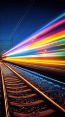 Fototapeta premium Fast train motion blur at night along railway tracks with colorful light streaks in transportation concept low angle view