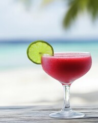 Obraz premium Refreshing red cocktail drink with lime garnish on beach table close up shot tropical vacation getaway