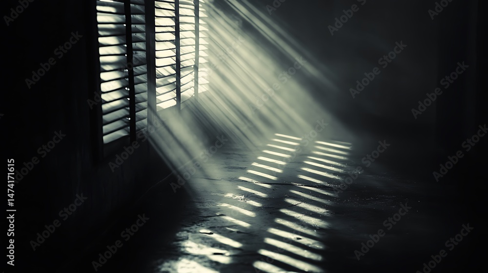 Poster sunlight filtering through window blinds creating striking patterns and shadows