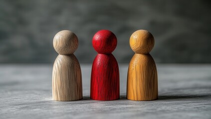 Three wooden figurines, one red, representing diversity and individuality