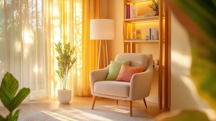 Modern cozy room featuring an armchair, floor lamp, and shelving unit with pillows for a homey feel