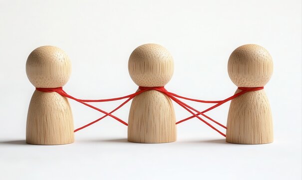 Three wooden figures connected by red strings