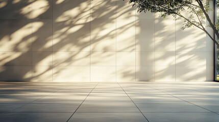 Tranquil, sunlit interior space with pale walls and floor, dappled shadows