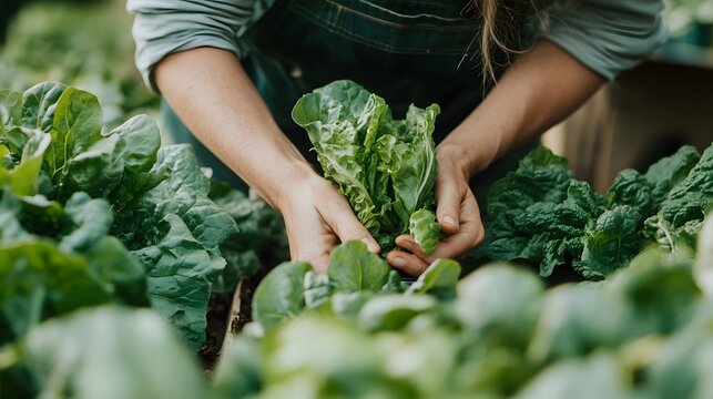 Close-up of hands harvesting fresh leafy greens from a garden bed.