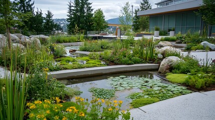 Lush, landscaped outdoor water garden featuring varied plants and stones.