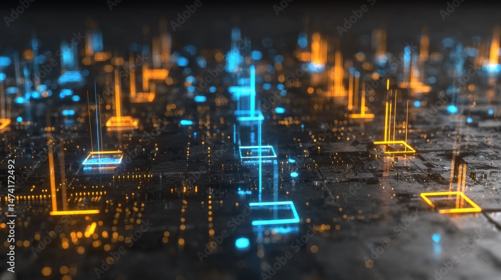 Aufkleber an abstract illustration depicting futuristic light beams and digital patterns within a virtual spac
