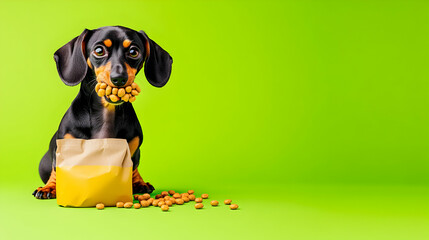 A dachshund sits before a bag of dog food, a mouthful of kibble in its jaws against a bright green backdrop