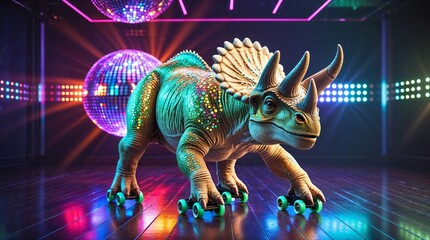 Colorful dinosaur on roller skates dancing under disco lights at a vibrant indoor party