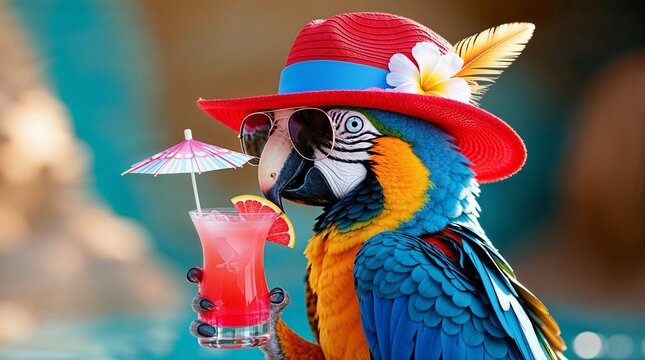 Colorful parrot wearing sunglasses and a hat holds a tropical drink by the poolside on a sunny day