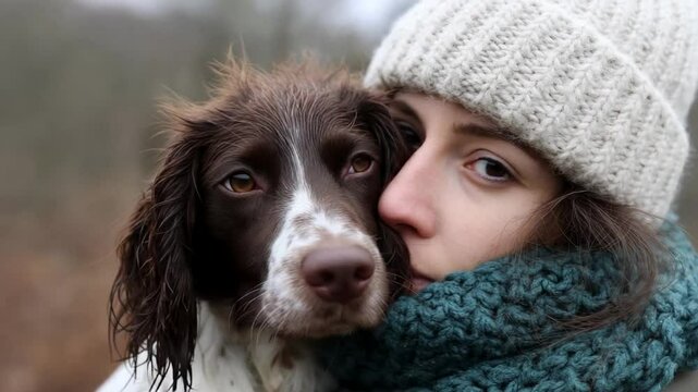 Young Caucasian woman embraces her dog on a winter day, showcasing warmth and companionship Cozy attire